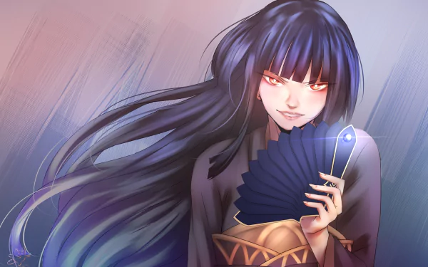 HD PC desktop wallpaper featuring Glass from the anime The Rising of the Shield Hero, holding a fan with a mysterious and intense expression.