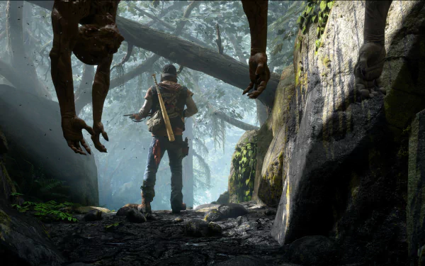 Deacon St. John stands in a misty forest, facing eerie hanging hands, in a dark, atmospheric scene from the video game Days Gone, rendered in 4K Ultra HD.