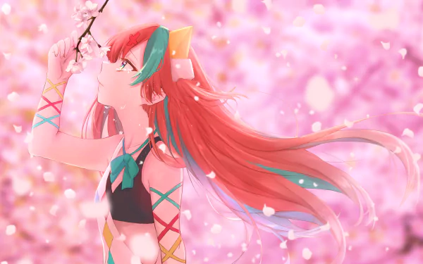 4K Ultra HD anime-style wallpaper of Pinky Pop Hepburn, a Virtual Youtuber, surrounded by vibrant pink cherry blossoms in a soft, dreamy background.