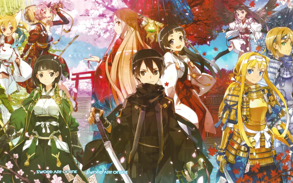 HD wallpaper featuring characters from Sword Art Online: Alicization in vibrant, detailed attire, set against a picturesque, colorful background.