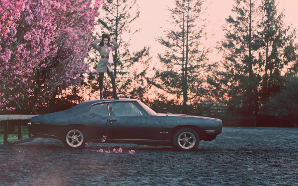 American singer Lana Del Rey stands on a classic car surrounded by pink blossoms, captured in a 4K Ultra HD PC desktop wallpaper background.