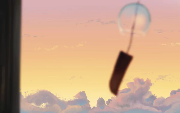 Anime-style 4K Ultra HD desktop wallpaper featuring a serene sky at sunset with soft pastel clouds and a blurred wind chime in the foreground.