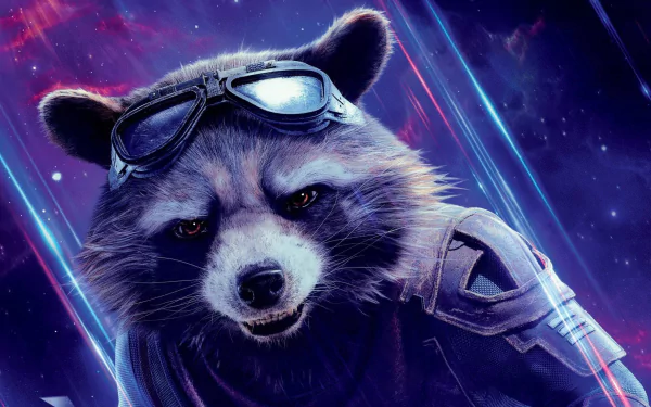 HD desktop wallpaper featuring Rocket Raccoon from the movie Avengers: Endgame, set against a vibrant and cosmic background.