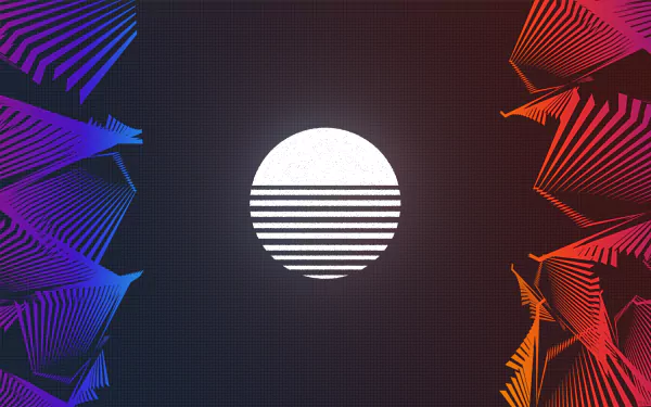 HD desktop wallpaper featuring a retro wave, synthwave artistic design with a stylized striped white sun at the center, flanked by colorful digital patterns in blue and red hues.