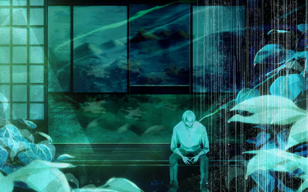 HD PC wallpaper featuring Ginko from the anime Mushishi, depicting a serene, mystical scene with blue-green tones and ethereal natural elements inside a traditional room.