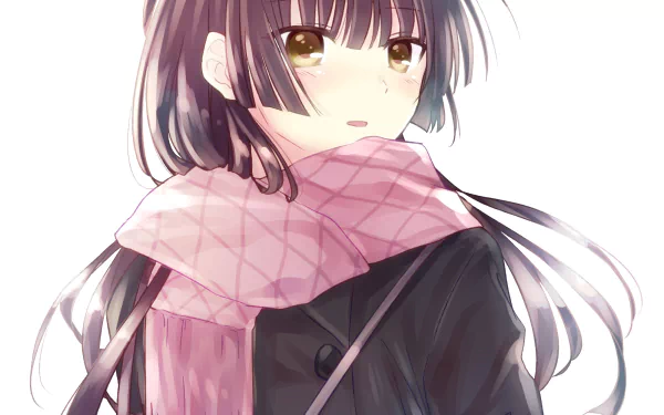 HD anime wallpaper featuring Harumi Taniguchi from Citrus, showcasing her with a pink scarf and a dark coat against a light background.