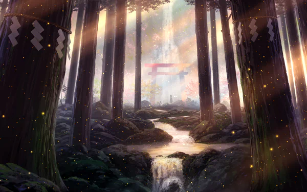 HD desktop wallpaper of an anime forest with a serene shrine. Sunlight filters through tall trees, creating a magical ambiance with a flowing stream in the foreground.