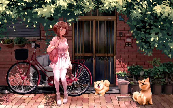 Ochaco Uraraka from My Hero Academia stands by a bicycle in a tranquil outdoor setting, with two cute dogs nearby, against a leafy backdrop. HD desktop wallpaper and background.