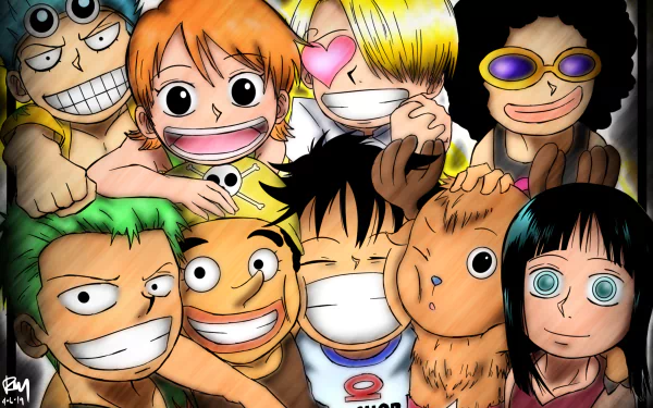 Vibrant 4K Ultra HD One Piece wallpaper featuring Tom, Brook, Nami, Franky, Zoro, Sanji, Usopp, Nico Robin, and Monkey D. Luffy in a lively anime group pose.
