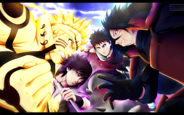 HD desktop wallpaper featuring Obito Uchiha, Madara Uchiha, Sasuke Uchiha, and Naruto Uzumaki from the anime Naruto, showcasing intense expressions and vibrant colors, embodying the essence of the Uchiha Clan.