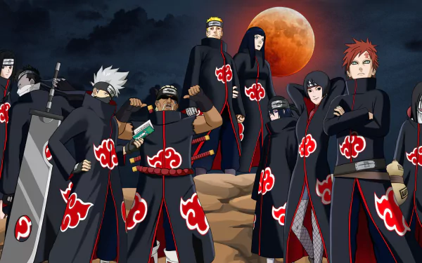 HD PC desktop wallpaper featuring Naruto characters Zabuza Momochi, Killer Bee, Gaara, Orochimaru, Kakashi Hatake, Hinata Hyuga, Naruto Uzumaki, and the Akatsuki under a red moon.