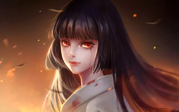 HD anime desktop wallpaper featuring Ai Enma from Jigoku Shōjo with fiery amber eyes and flowing dark hair against a glowing, warm-toned background.
