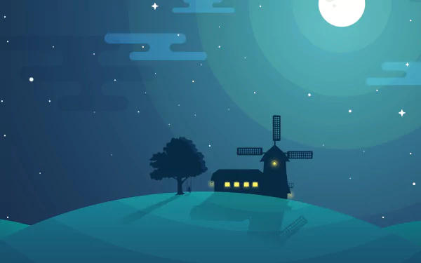 Minimalist artistic HD desktop wallpaper featuring a serene night scene with a glowing windmill on a hill under a full moon and stars.