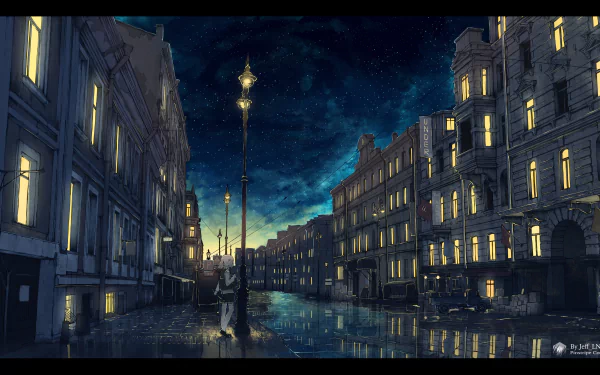 HD anime cityscape at night featuring gothic architecture, illuminated streetlights, and a starry sky. The buildings' windows glow brightly, creating a serene yet mysterious atmosphere.