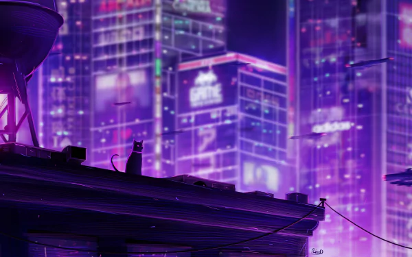 Anime-style cityscape with glowing purple lights and tall buildings in the background, featuring a cat sitting on a rooftop. HD desktop wallpaper and background.