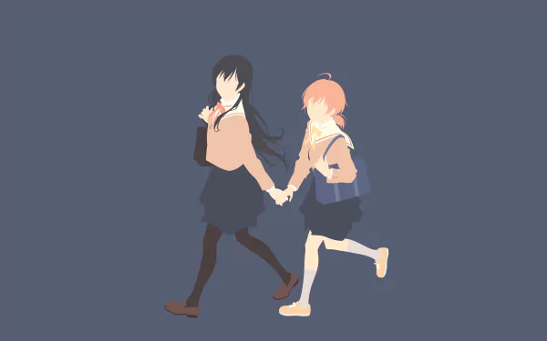 Minimalist 4K Ultra HD desktop wallpaper featuring Yuu Koito and Touko Nanami from the anime Bloom into You, holding hands against a solid dark background.