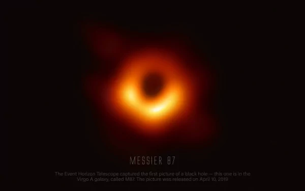 HD desktop wallpaper featuring the first image of the black hole in Messier 87, captured by the Event Horizon Telescope. Sci-Fi inspired space theme.