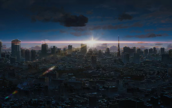 An 8K Ultra HD anime cityscape from Your Name, showcasing a vibrant sunrise over a detailed urban skyline in a PC desktop wallpaper format.