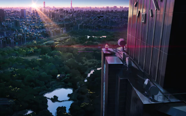 A stunning 8K Ultra HD anime wallpaper from The Garden Of Words showcasing a cityscape at sunset with lush greenery and sunlight streaming over tall buildings.