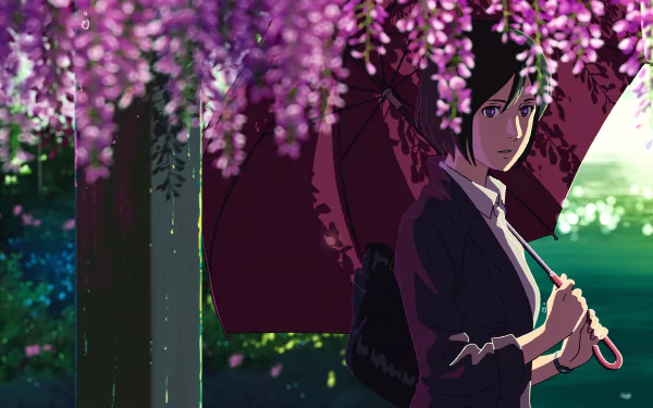 A serene anime scene from The Garden of Words serves as an HD desktop wallpaper, featuring a character holding an umbrella amidst a background of purple blossoms and lush greenery.