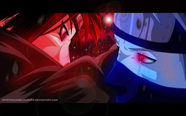 A dramatic HD wallpaper featuring Itachi Uchiha and Kakashi Hatake from the anime Naruto, capturing an intense confrontation with vivid red and blue tones.
