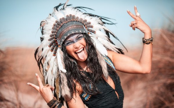 Women Model Models Smile Black Hair Headdress Depth Of Field Feather Native American HD Wallpaper | Background Image