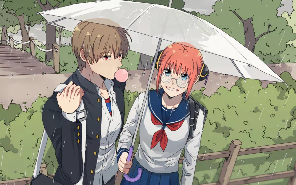 Kagura and Okita Sougo from Gintama share an umbrella in the rain, captured in a vibrant anime HD desktop wallpaper background.