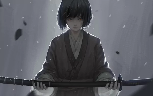 A dramatic HD wallpaper featuring Kuro from the video game Sekiro: Shadows Die Twice, capturing a somber atmosphere with the character holding a sword amidst falling petals.