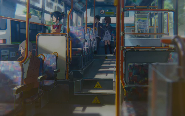 HD desktop wallpaper featuring a scene from Your Name anime, depicting characters on a bus.