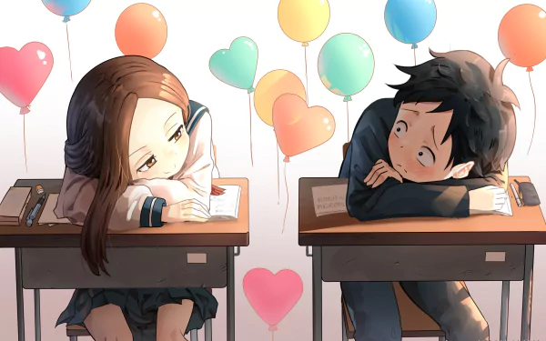 HD anime desktop wallpaper featuring Nishikata and Takagi from Teasing Master Takagi-san, sitting at desks with colorful heart-shaped balloons floating behind them.