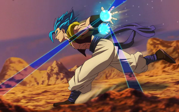Gogeta in Super Saiyan Blue form powers up an energy attack in a desert landscape from Dragon Ball Super: Broly, captured in 8K Ultra HD anime style.