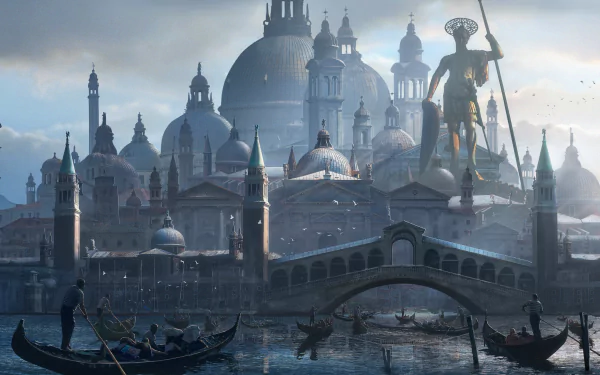 HD PC desktop wallpaper featuring a fantasy cityscape with domed buildings, a large statue, gondolas on the water, and a serene, misty atmosphere.