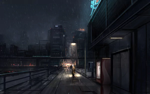 A dark, rainy sci-fi cityscape at night with futuristic buildings and neon lights, captured in 4K Ultra HD for a striking PC desktop wallpaper.