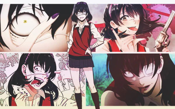 HD PC desktop wallpaper featuring Midari Ikishima from the anime Kakegurui, showcasing her intense and dynamic expressions in various close-up and full-body poses.