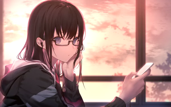 An anime girl with glasses, wearing a jacket, sits by a window, holding a phone. The background features a serene sunset sky. HD desktop wallpaper.