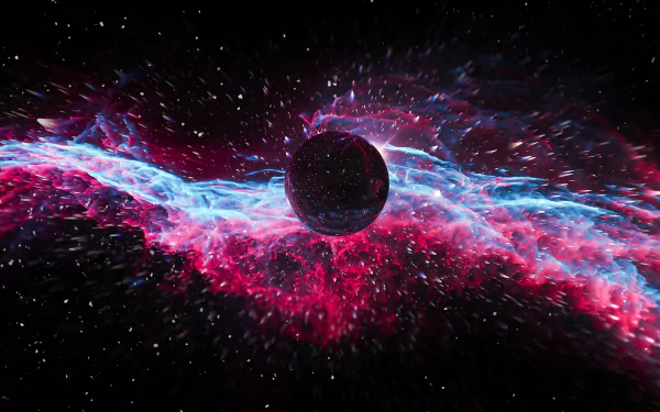 HD desktop wallpaper featuring a black planet with a vivid backdrop of swirling pink and blue nebulae in the vast expanse of space, tagged with Sci-Fi and space themes.