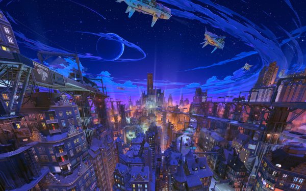 Anime City Moon Stars HD Wallpaper | Background Image