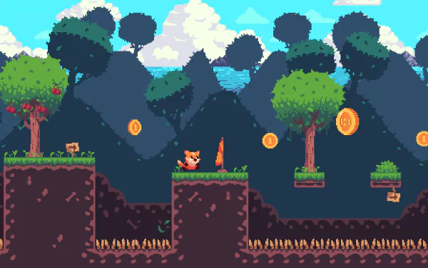 HD pixel art of a vibrant forest landscape with coins, platforms, and a small fox character, designed as an artistic PC desktop wallpaper background.