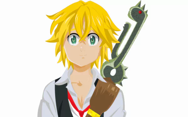 8K Ultra HD anime wallpaper of Meliodas (The Seven Deadly Sins): blonde hair, green eyes, open white shirt with red-trimmed tie, holding his broken sword.