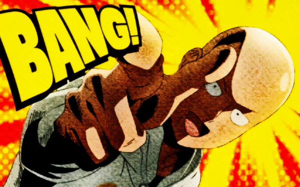 HD PC desktop wallpaper featuring Saitama from One-Punch Man Season 2, with a dynamic BANG! text and vibrant anime-style background.