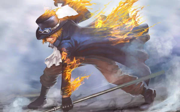 Sabo from One Piece stands dramatically in an HD anime artwork, wielding a stick with flames engulfing his outfit, showcasing his powerful and dynamic presence.
