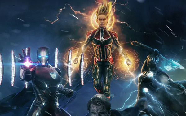 HD PC desktop wallpaper featuring Marvel Avengers characters Iron Man, Captain Marvel, Thor with Stormbreaker, Captain America, and other heroes from Avengers Endgame.
