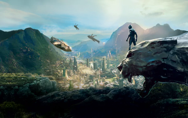 8K Ultra HD desktop wallpaper featuring Black Panther from Marvel Comics overlooking a futuristic city surrounded by mountains, with aircraft flying in the sky.