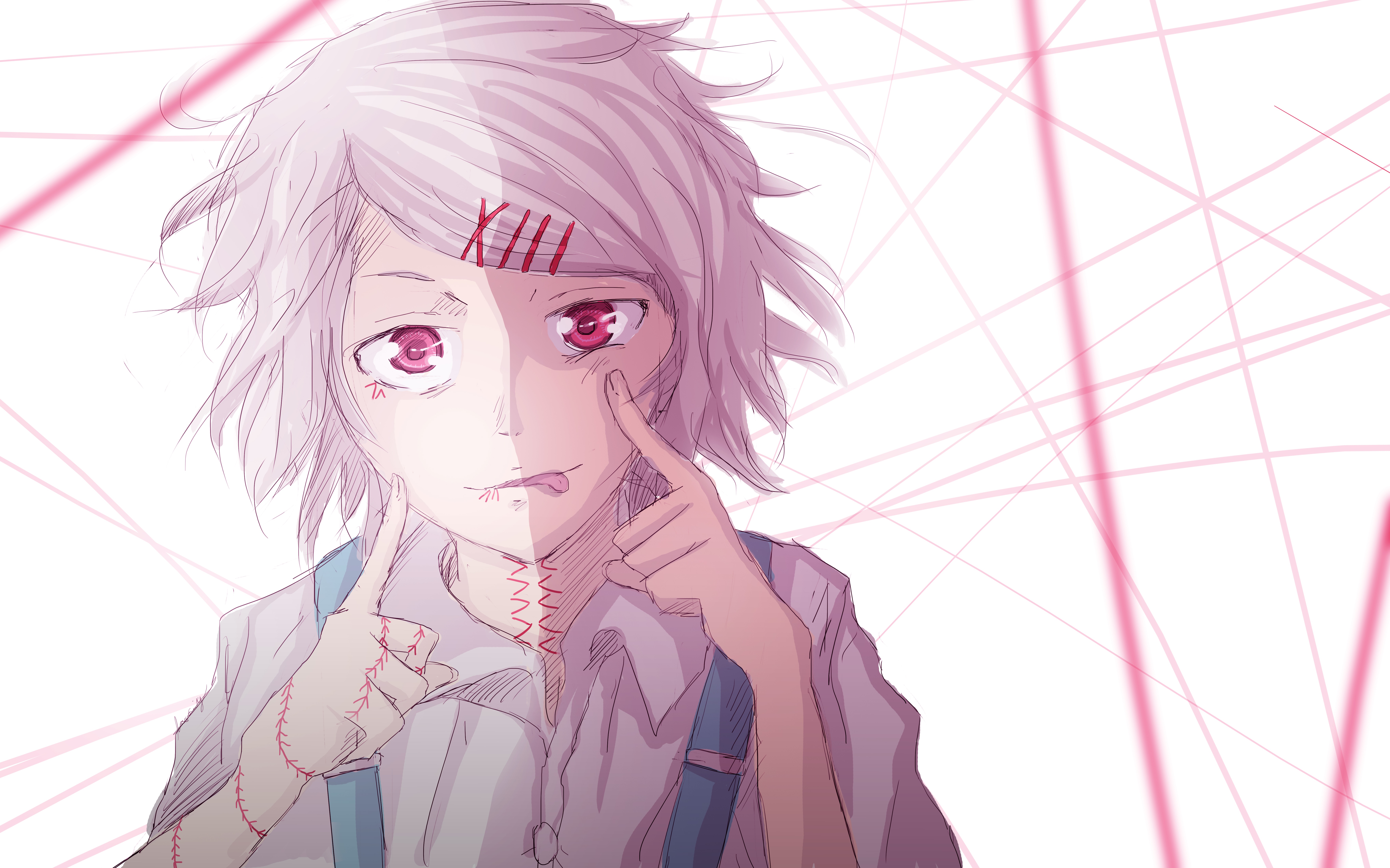 4K, Kaneki Ken, white hair, red, anime, fan art, mask, Tokyo Ghoul, HD  Wallpaper