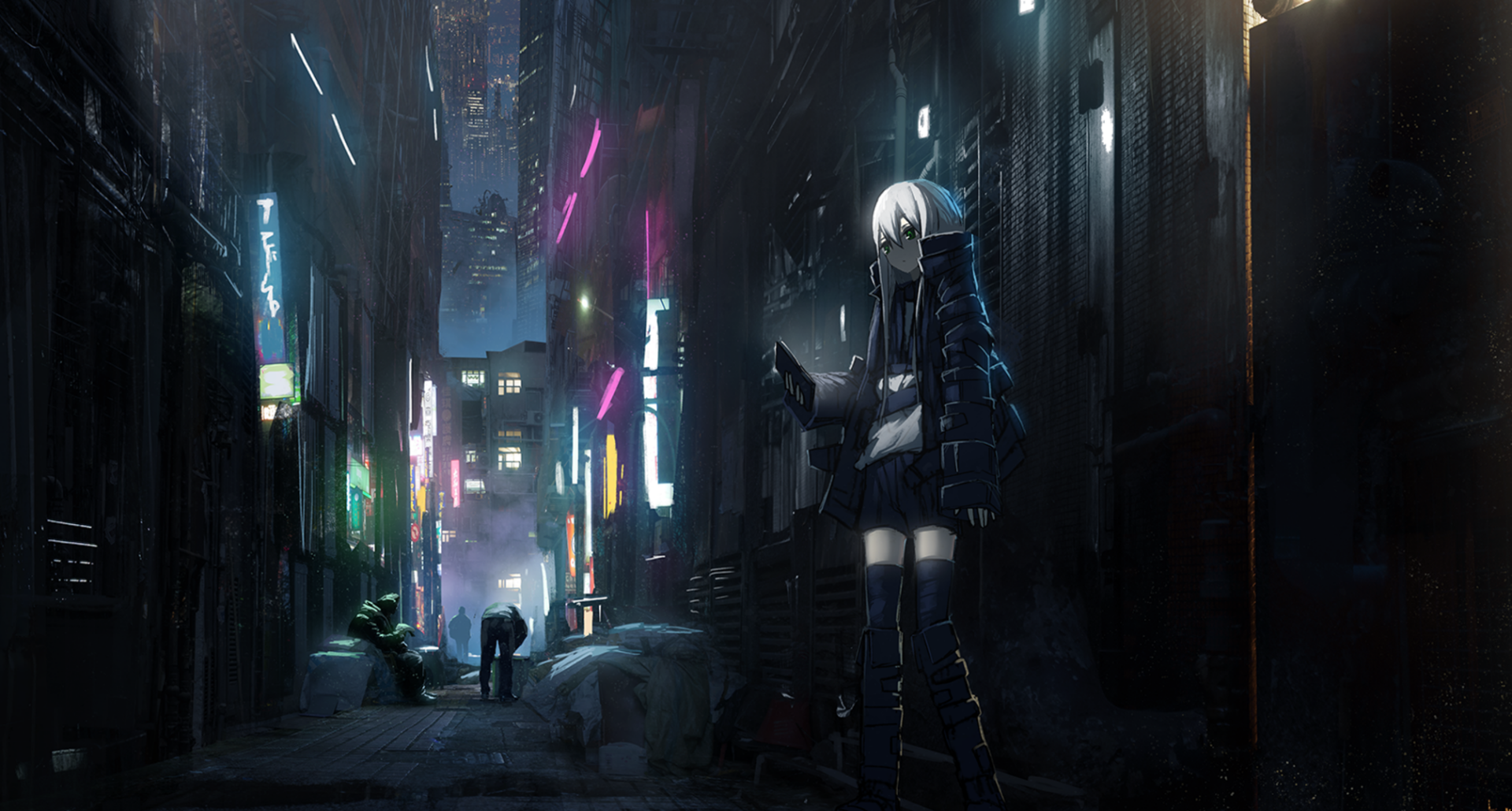 Anime night scene featuring a character in a dark, futuristic alley with vibrant neon lights; an HD desktop wallpaper and background tagged with: night, Anime, Original.