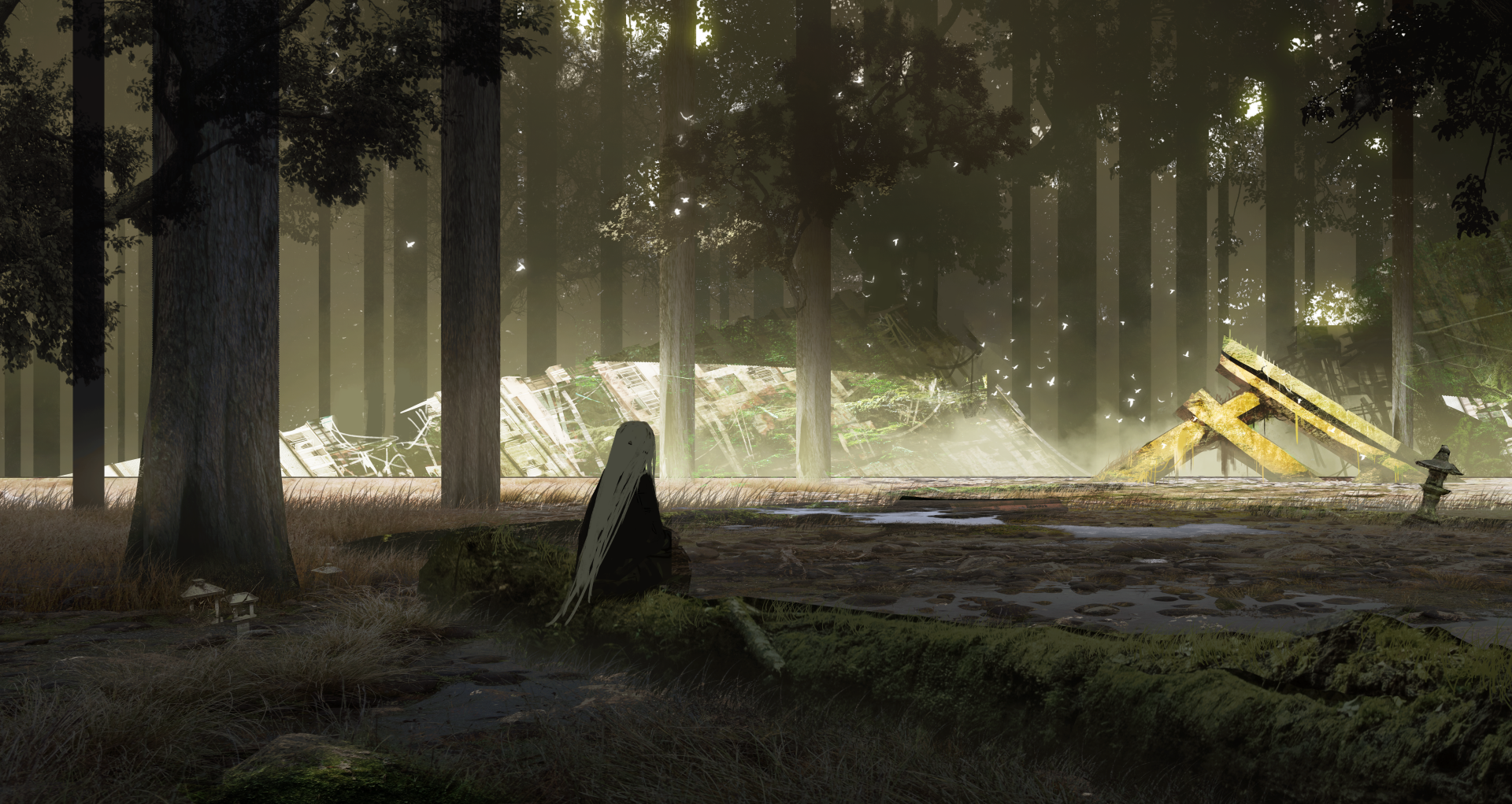 A serene anime scene in a forest, featuring towering trees and soft light filtering through. Remnants of a structure blend with nature, creating a captivating 4K Ultra HD backdrop.