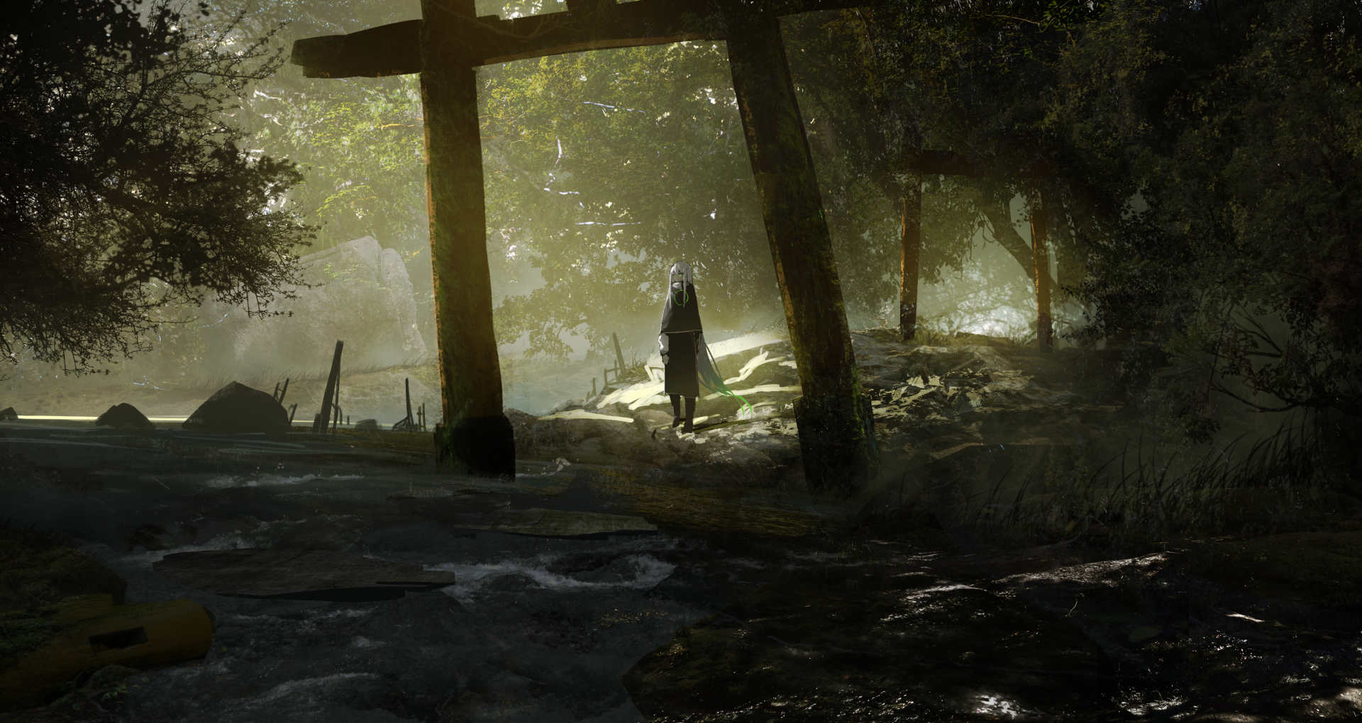 A serene anime landscape featuring a dense, tranquil forest with sunlight streaming through the trees. A lone figure stands near a large wooden gate by the river. HD desktop wallpaper and background.