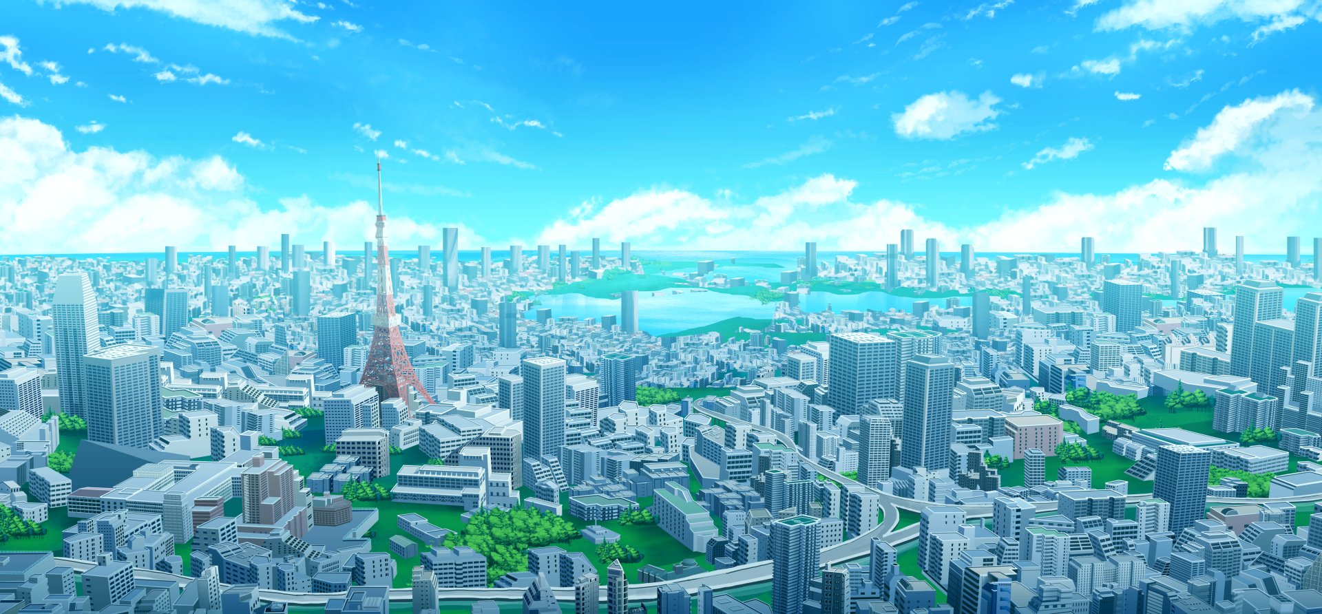 HD desktop wallpaper of an anime city under a clear, bright blue sky, featuring modern buildings, lush green patches, and a body of water in the distance.