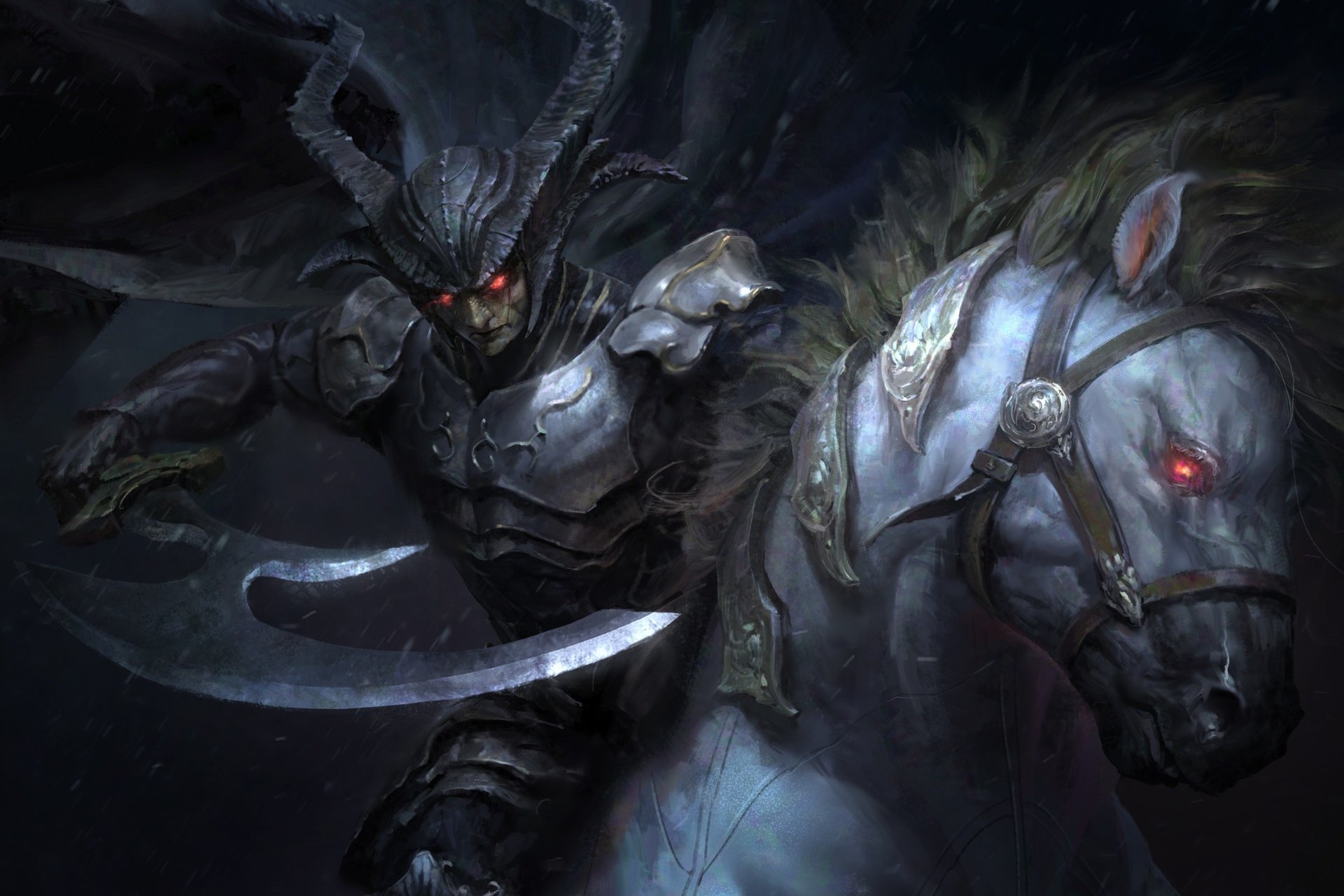 Dark warrior with horns and glowing red eyes rides a glowing-eyed armored horse, wielding a sword in a shadowy, intense scene. HD PC desktop wallpaper.