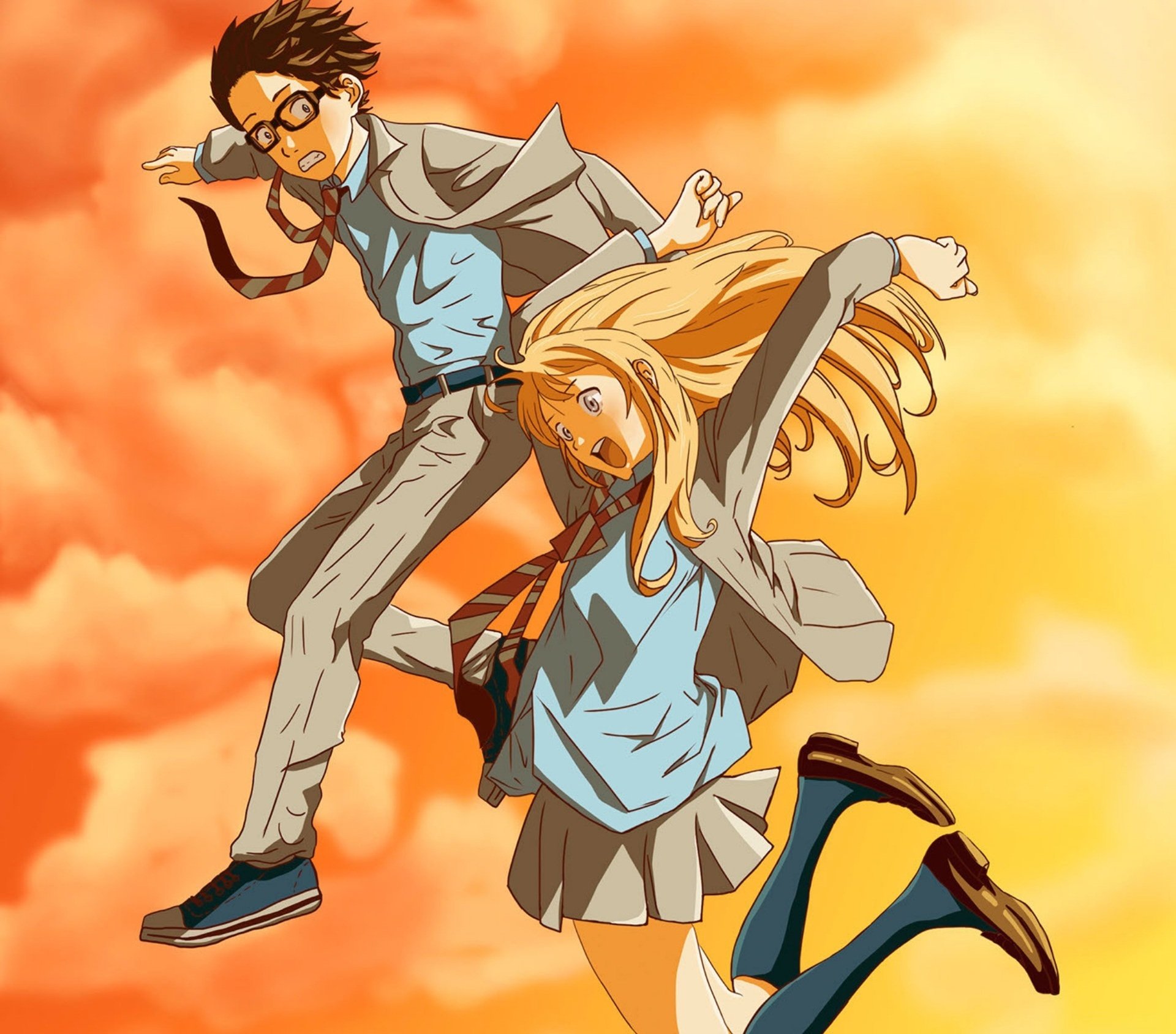 HD anime desktop wallpaper featuring Kousei Arima and Kaori Miyazono from Your Lie in April, captured in an energetic pose against a warm, orange sky background.
